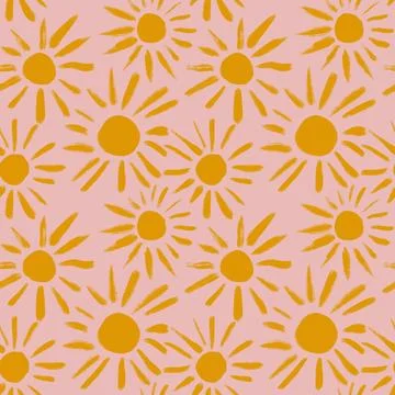 Hand drawn seamless pattern with yellow suns on pink background. Boho bohemian Stock Illustration
