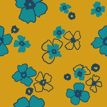 Hand drawn seamless pattern with yellow blue daisy flowers on retro background Stock Illustration