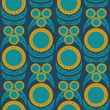 Hand drawn seamless pattern with yellow blue scandi scandinavian flowers on navy Stockillustratie