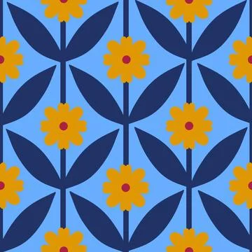 Hand drawn seamless pattern with yellow scandi scandinavian flowers navy leaves 스톡 일러스트