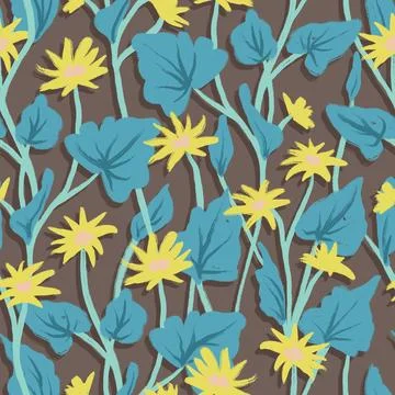 Hand drawn seamless pattern with yellow lesser celadine flower with blue leaves Stock Illustration