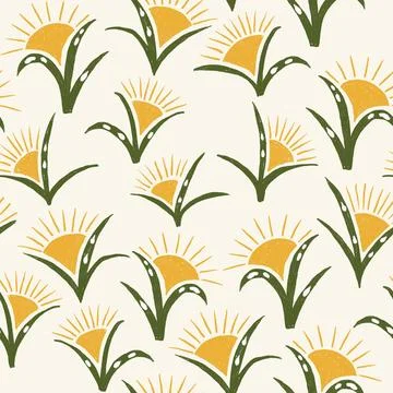 Hand drawn seamless pattern with yellow flowers in shape of sun green leaves on Stock Illustration