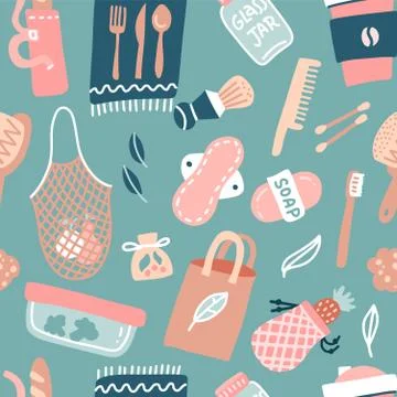 Hand drawn seamless pattern of zero waste life. Eco style. No plastic. Go gre Stock Illustration