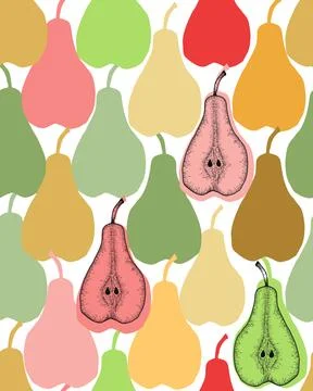 Hand drawn seamless patternn with sliced pear and leaves. Engraved design Stock Illustration
