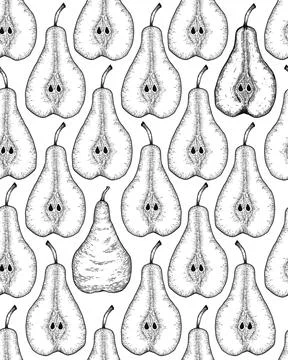 Hand drawn seamless patternn with sliced pear and leaves. Engraved design Stock Illustration