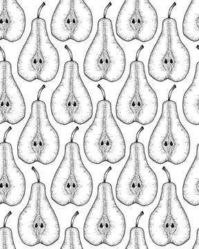 Hand drawn seamless patternn with sliced pear and leaves. Engraved design Stock Illustration