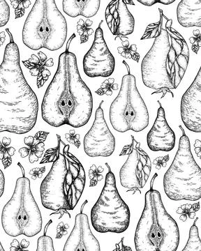 Hand drawn seamless patternn with sliced pear and leaves. Engraved design Stock Illustration