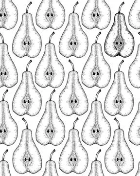 Hand drawn seamless patternn with sliced pear and leaves. Engraved design Stock Illustration
