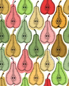 Hand drawn seamless patternn with sliced pear and leaves. Engraved design Stock Illustration