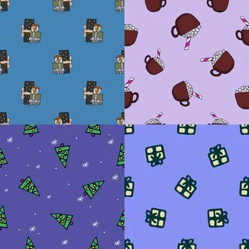 Hand drawn seamless patterns collection. Vector new year textures Stock Illustration