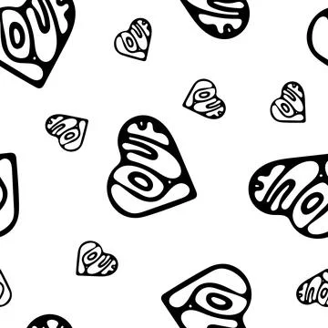 Hand Drawn Seamless Patterns with Hearts in Doodle Style. Stock Illustration