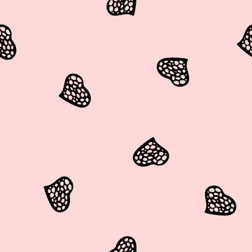 Hand Drawn Seamless Patterns with Hearts in Doodle Style. Stock Illustration
