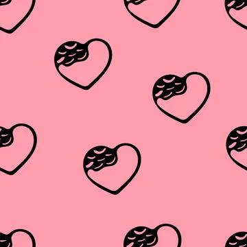 Hand Drawn Seamless Patterns with Hearts in Doodle Style. Stock Illustration