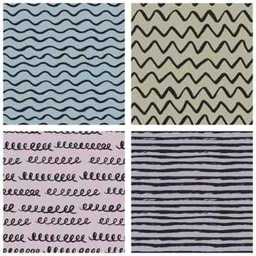Hand-drawn seamless patterns set with brush-painted waves, zigzags, stripes イラスト素材