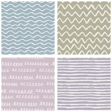 Hand-drawn seamless patterns set with brush-painted waves, zigzags, stripes イラスト素材