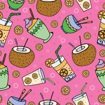 Hand drawn seamless patterns with summer cocktails on pink background. Stock Illustration