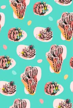 Hand drawn seamless repeat pattern with succulent plants in black, white and Stock Illustration