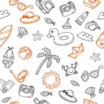 Hand drawn seamless summer pattern with beach icons. Background on a beach .. 스톡 일러스트