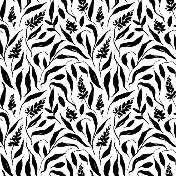 Hand drawn seamless vector black floral pattern. Stock Illustration