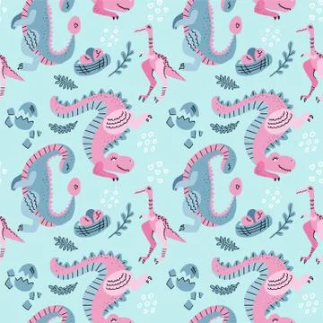 Hand drawn seamless vector pattern with cute dinosaurs, eggs in nest linear d 스톡 일러스트
