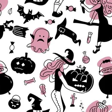 Hand drawn seamless vector pattern with cute witches gorls in Halloween costumes Illustrazione stock