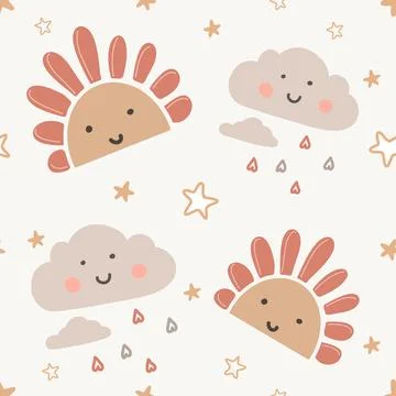 Hand drawn seamless vector pattern with cute sun, clouds, on a white background 스톡 일러스트