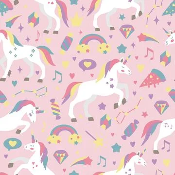 Hand drawn seamless vector pattern with cute unicorns, stars, hearts, diamonds イラスト素材