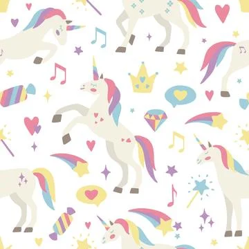 Hand drawn seamless vector pattern with cute unicorns, stars, hearts, diamonds Illustrazione stock