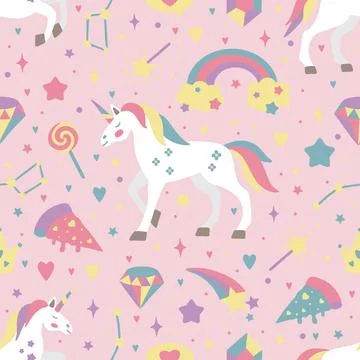 Hand drawn seamless vector pattern with cute unicorns, stars, hearts, diamonds Illustrazione stock