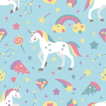 Hand drawn seamless vector pattern with cute unicorns, stars, hearts, diamonds Stock Illustration