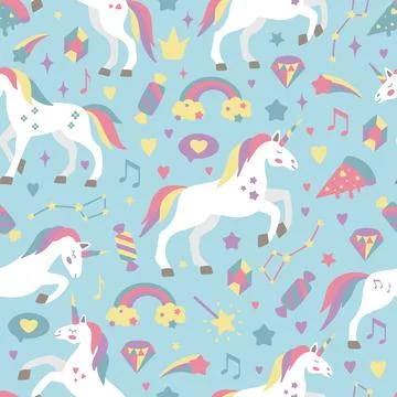 Hand drawn seamless vector pattern with cute unicorns, stars, hearts, diamonds Illustrazione stock
