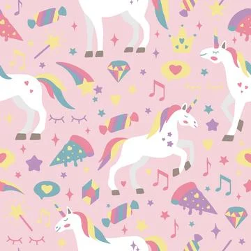 Hand drawn seamless vector pattern with cute unicorns, stars, hearts, diamonds Stock Illustration