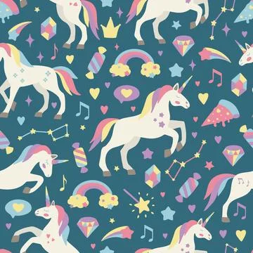 Hand drawn seamless vector pattern with cute unicorns, stars, hearts, diamonds Illustrazione stock