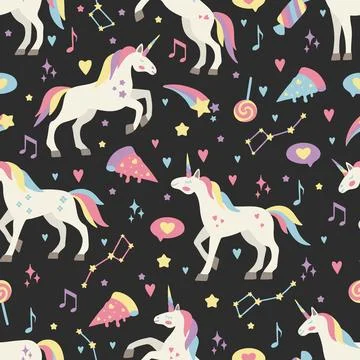 Hand drawn seamless vector pattern with cute unicorns, stars, hearts, diamonds Illustrazione stock