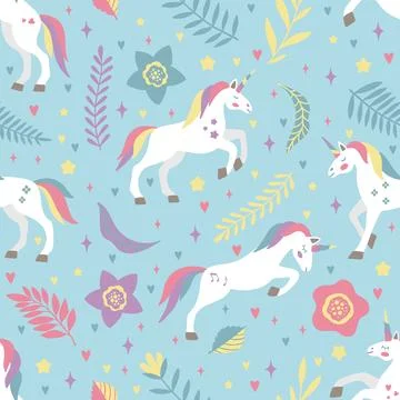 Hand drawn seamless vector pattern with cute unicorns, stars, hearts, diamonds イラスト素材
