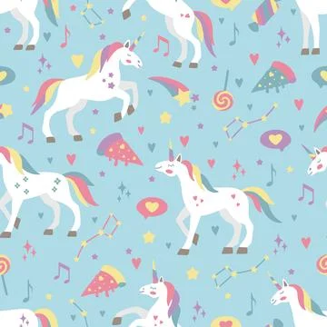 Hand drawn seamless vector pattern with cute unicorns, stars, hearts, diamonds Illustrazione stock