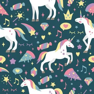 Hand drawn seamless vector pattern with cute unicorns, stars, hearts, diamonds Stock Illustration