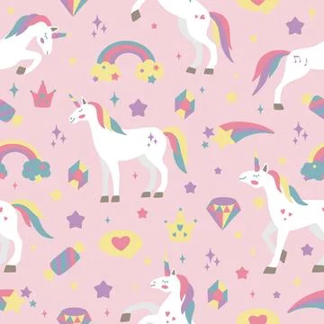 Hand drawn seamless vector pattern with cute unicorns, stars, hearts, diamonds Stock Illustration