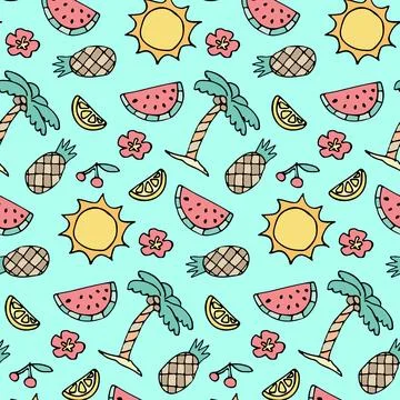 Hand drawn seamless vector tropical vacation pattern in a cute, retro design Stock Illustration