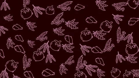 Hand Drawn Seamless Vegetable and Fruit Pattern on Dark Background Stock Footage 344909238