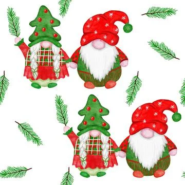 Hand drawn seamless watercolor pattern with Christmas scandinavian gnomes. Red Stock Illustration