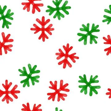 Hand drawn seamless watercolor pattern with red green snowflakes snow frost Stock Illustration