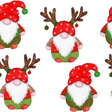 Hand drawn seamless watercolor pattern with Christmas scandinavian gnomes. Red Ilustração Stock