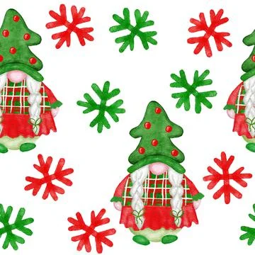Hand drawn seamless watercolor pattern with Christmas scandinavian gnomes. Red Stock Illustration
