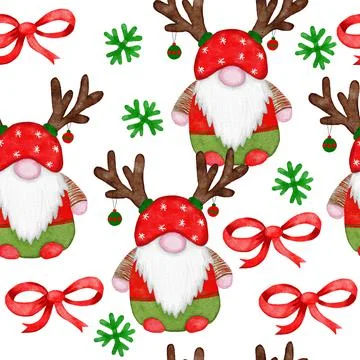 Hand drawn seamless watercolor pattern with Christmas scandinavian gnomes. Red Stock Illustration