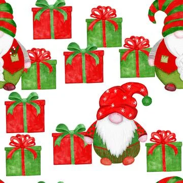 Hand drawn seamless watercolor pattern with Christmas scandinavian gnomes. Red Stock Illustration