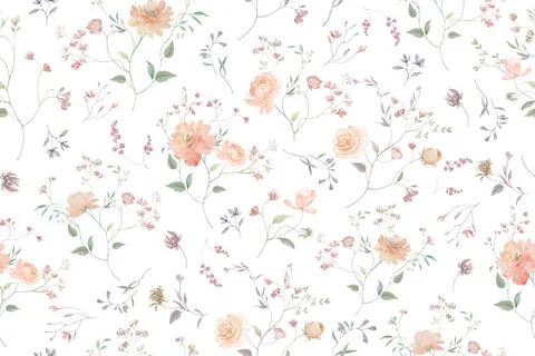 Hand drawn seamless watercolor pattern with pastel whimsical floral. Vector EPS. イラスト素材