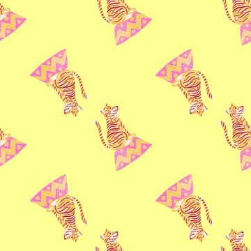 Hand drawn seamless zoo pattern with pink and orange colored circus tiger pri 스톡 일러스트