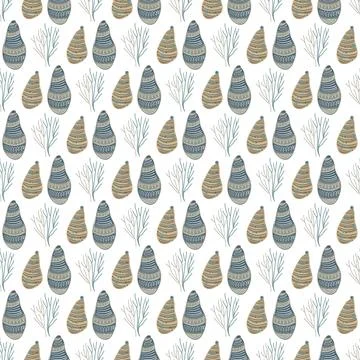 Hand-drawn seashell repeat design with natural marine elements. Stock Illustration