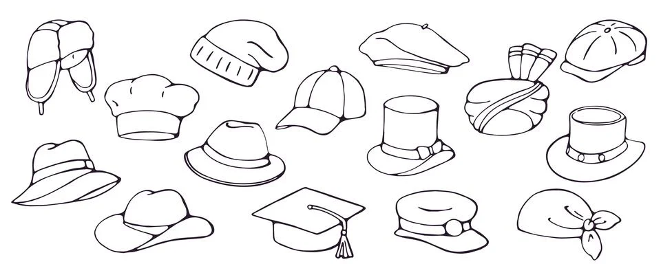Hand drawn set of 15 different hats in various styles doodle illustration o.. Stock Illustration